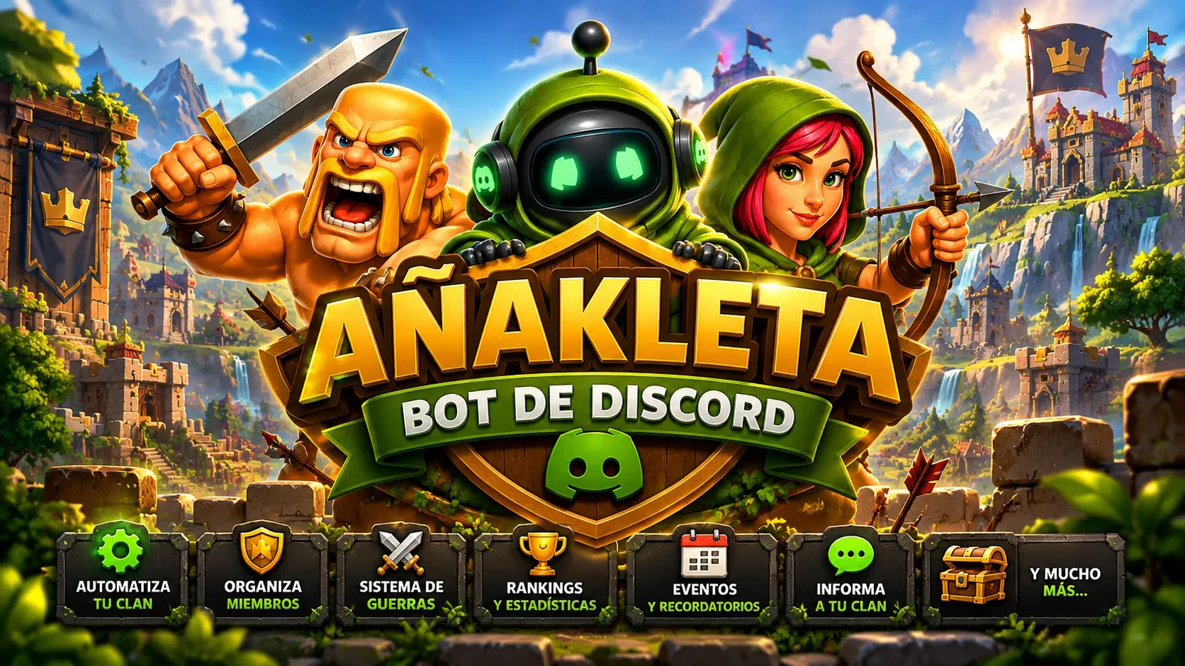 Añakleta, bot de Discord: el escudo con el bot entre un bárbaro y una arquera, sobre un paisaje de castillos